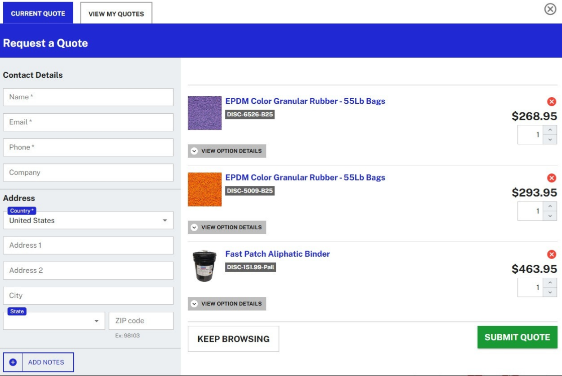 Discount Playground Supply Request a Quote form showing the Submit Quote button